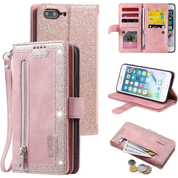 Wallet Case for iPhone 6 Plus iPhone 6S Plus, Retro Matte 9 Card Holder Slots Zipper Pocket Case PU Leather Magnetic Closure Kickstand with Wrist Strap Shockproof Folio Flip Case - Rose Gold