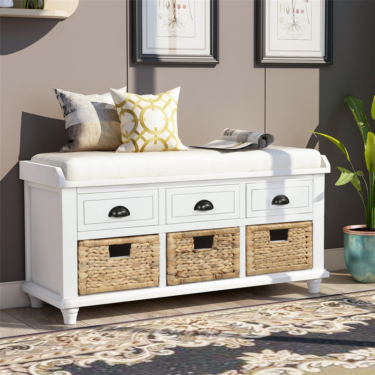 White Storage Bench With Baskets Sulobom Rustic Storage Bench with 3 Drawers and 3 Rattan Baskets, Shoe