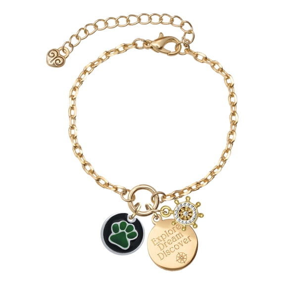 Delight Jewelry Silvertone Green Paw on Black Disc Goldtone Discover Dream Explore Zoey Charm Bracelet, 6.5 2" Extender