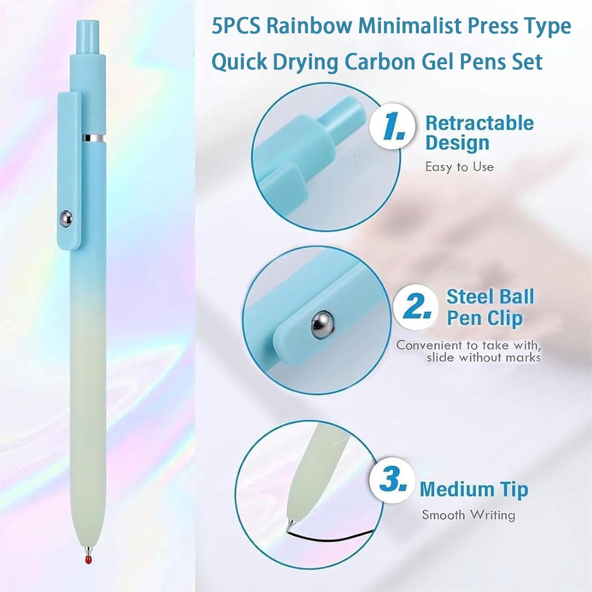 5 Piece Gradient Gel Pen Set, 5PCS Rainbow Minimalist Press Type Quick Drying Carbon Gel Pens Set, Press-On Multi-colored Gels Pens 2PCS