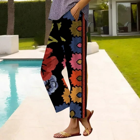 Women's Casual Pants Women'S Casual Boho Floral Print Stripe Cotton Linen Pants Elastic Waisted Summer Spring Beach Baggy,Black Women's Casual Pants M