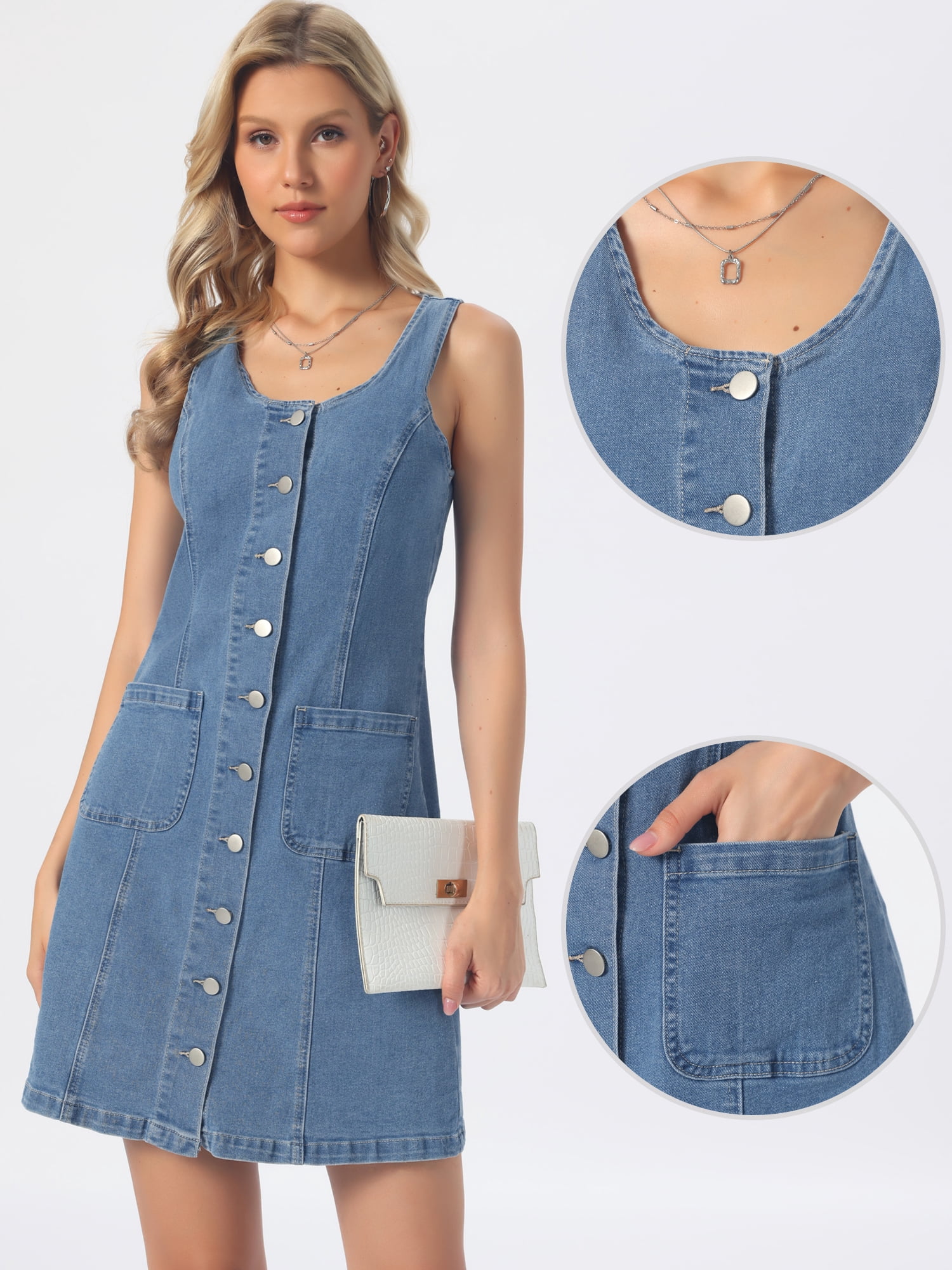 DARING DIVA Women's Denim Button Down Sleeveless Mini Length Dress L Light Blue