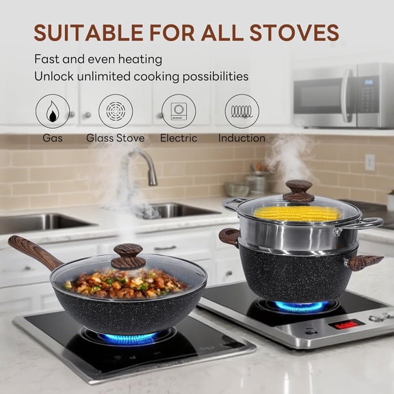 17-Piece Nonstick Cookware Set with Stay-Cool Handles for Induction Gas Ceramic Electric Stovetops Deep Black