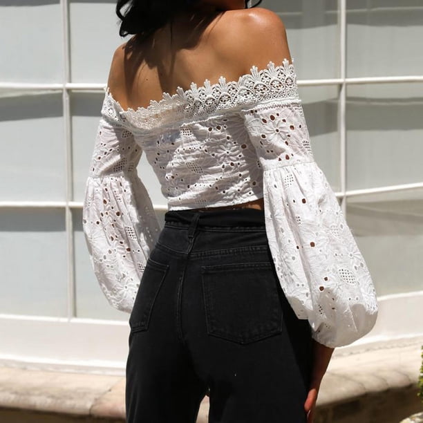 Fridja Womens Off Shoulder Long Sleeve Hollow Lace Loose Blouse