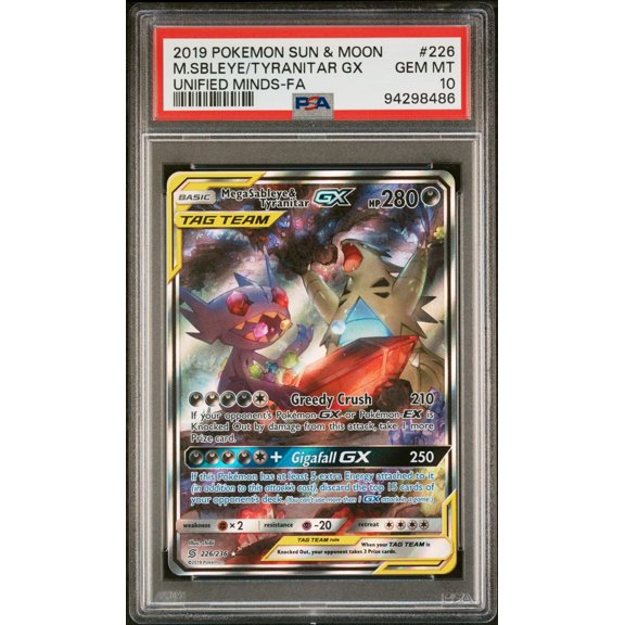 Collectible 2019 Pokemon Sun and Moon Unified Minds Mega Sableye/Tyranitar Gx #226 PSA 10