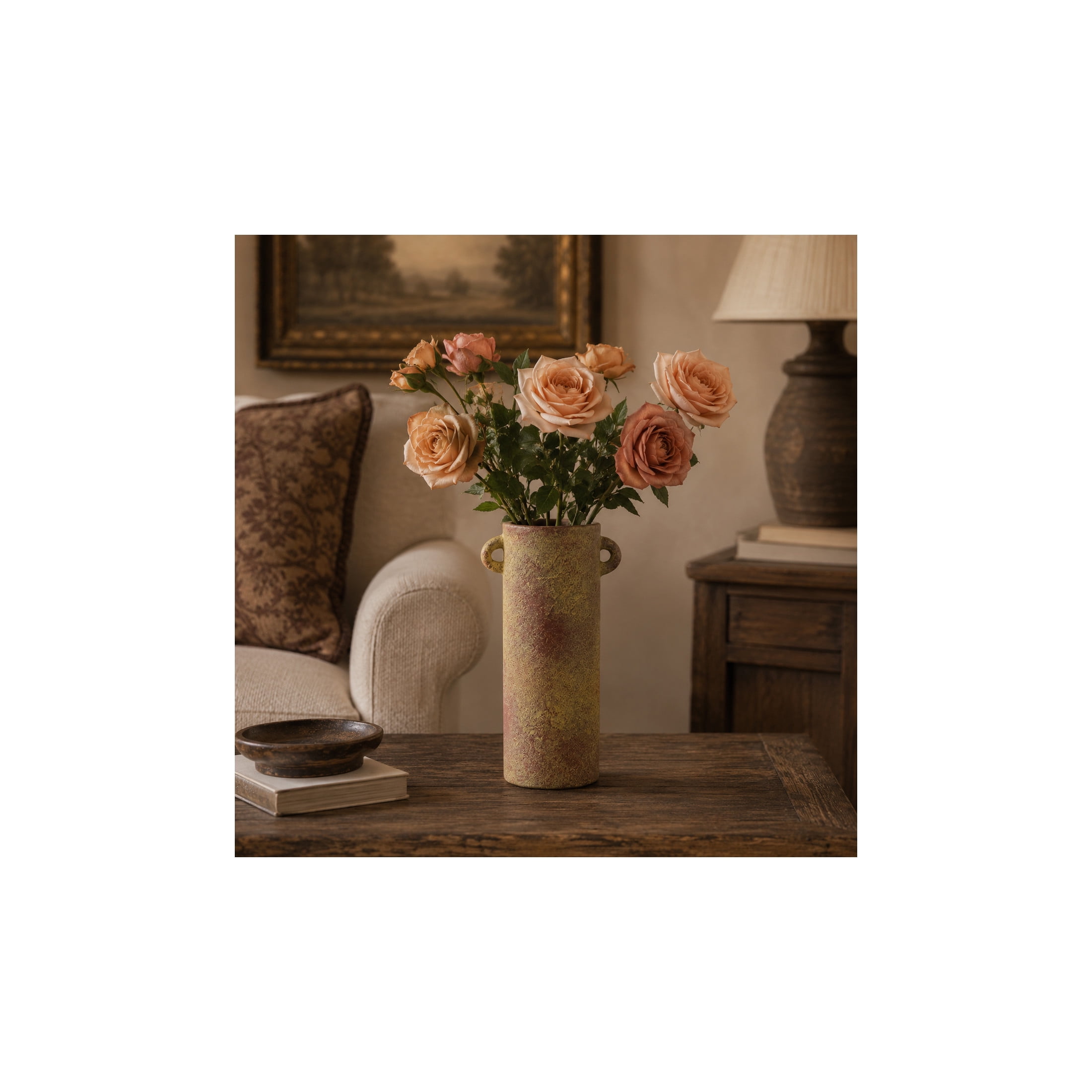 DecMode 9" Antique Style Textured Brown Ceramic Vase with Handles