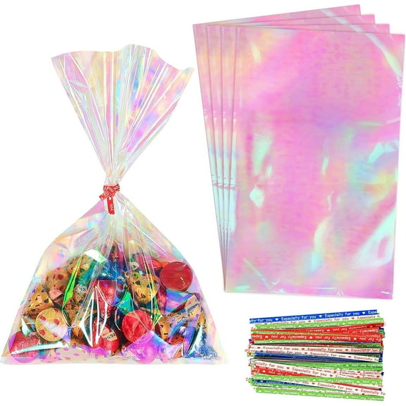 100 Pcs Iridescent Cellophane Treat Bags with Twist Ties, 6x9 Inch Holographic Goodie Bags for Candy, Party Favors, Wedding, Birthday Gifts Packaging