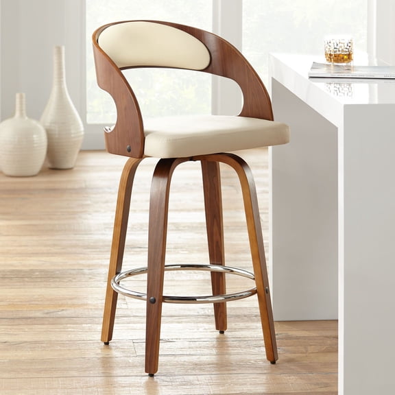 Armen Living Walnut Swivel Bar Stool 25 3/4" High Modern Cream Cushion with Backrest Footrest for Kitchen Counter Height Island