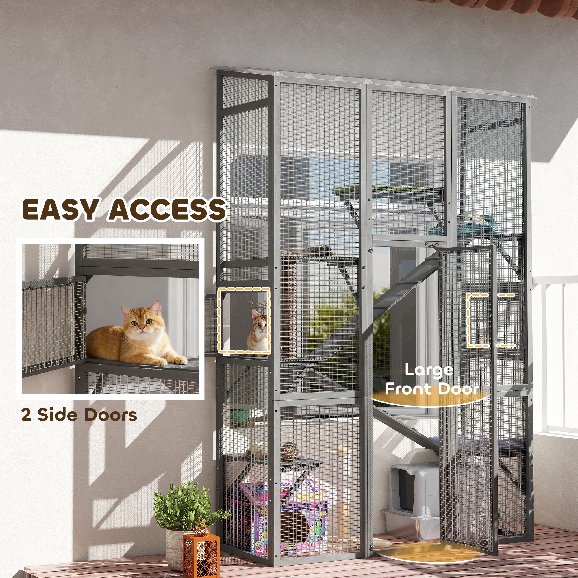 PawHut Outdoor Catio Cat Enclosure, Large Wooden Cat House with 6 Jumping Platforms, Scratching Post, 2 Ramps, Waterproof Roof, for 2-3 Kittens