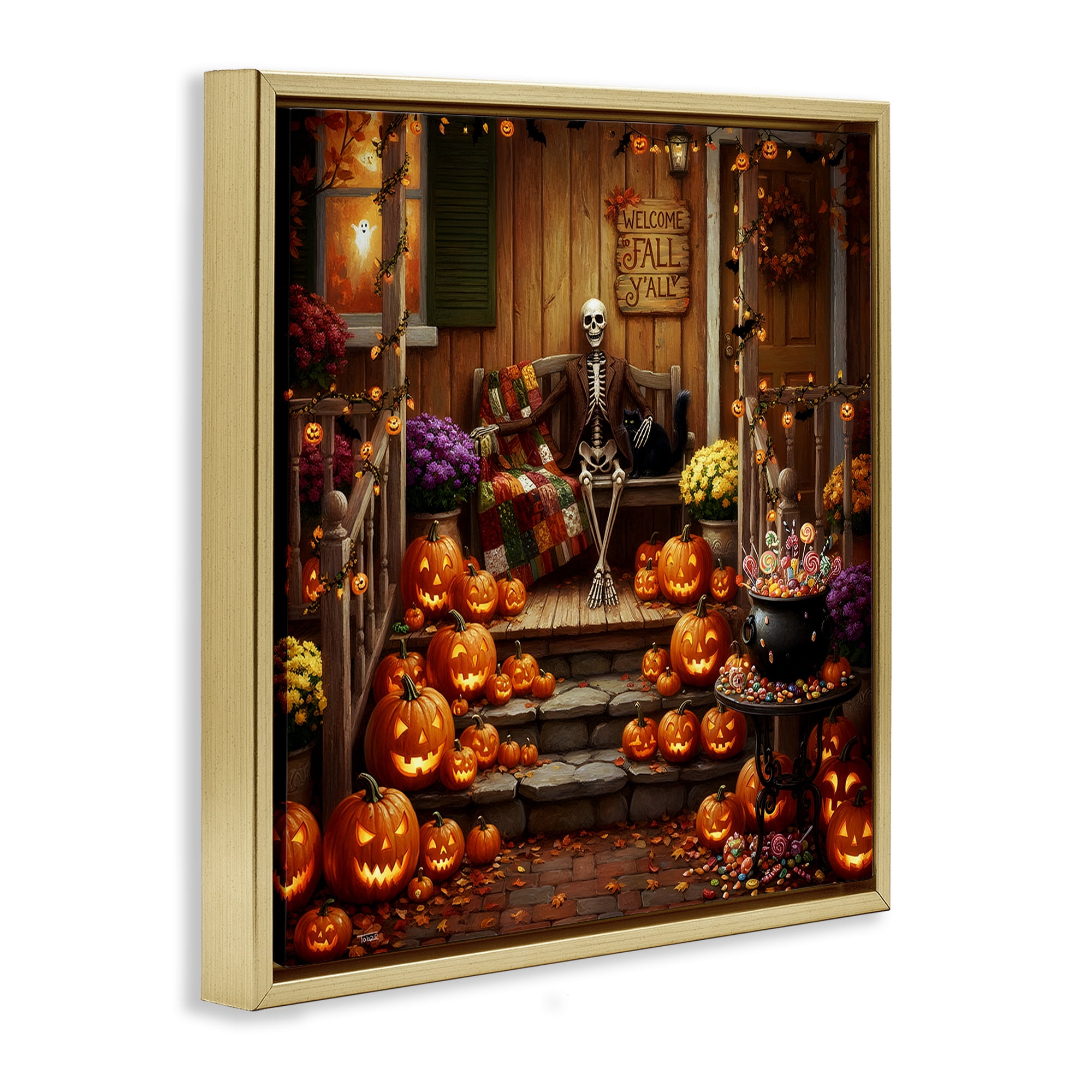Stupell Industries Welcome To Fall Skeleton Porch Gold Framed Floater Canvas Wall Art, design by Tabz Jones