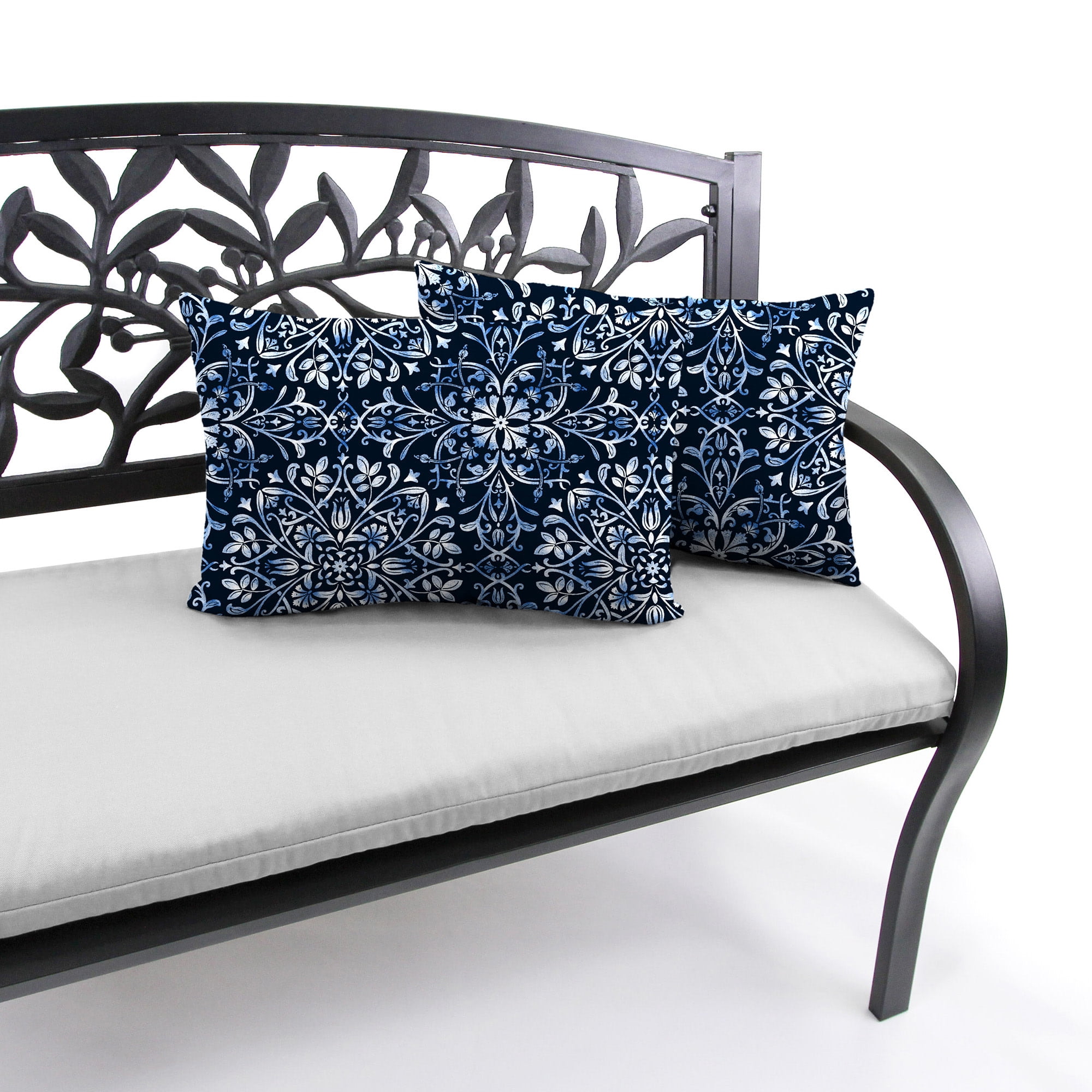 Jordan Manufacturing 12" x 18" Dresden Midnight Navy Damask Rectangular Outdoor Lumbar Throw Pillow (2 Pack)