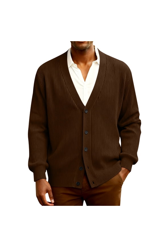 Mens Cardigan Sweater Loose Fit Button Up Plus Size Cardigan Spring Dressy Casual Long Sleeve Ribbed Knitted Sweater Coffee XL