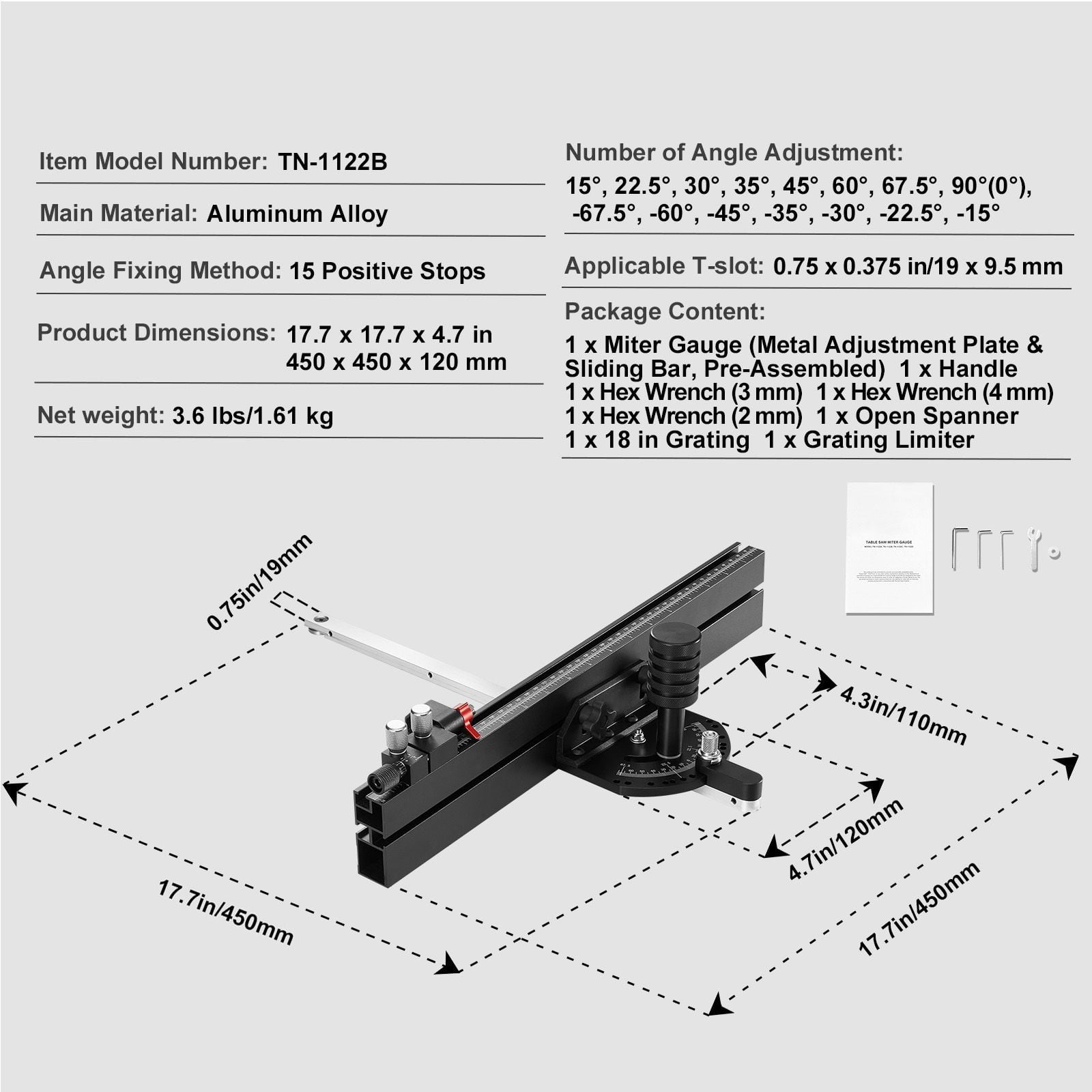 Miter Gauge for Table Saw 18 Inch Grating 15 Positive Stop Holes Aluminum Alloy for Precision Woodworking