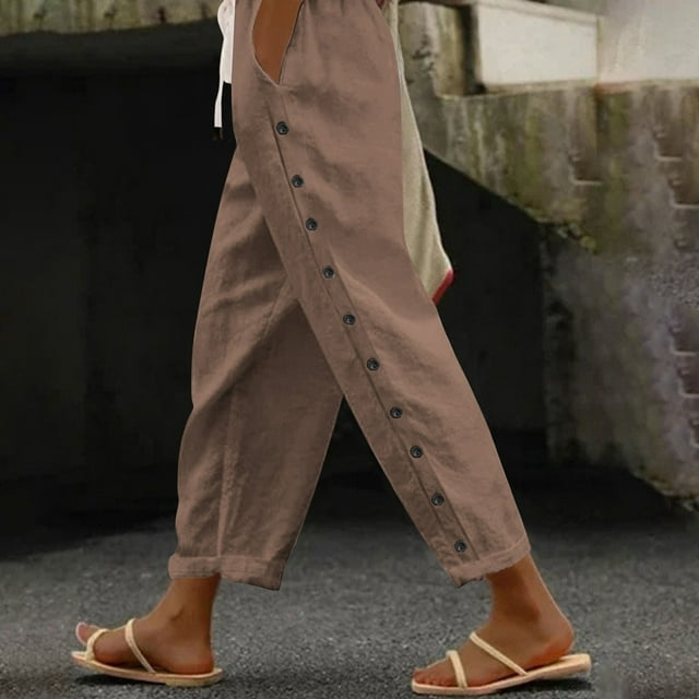 Jsaierl Womens Harem Pants Drawstring Elastic Waisted Lounge Vacation Pants Solid Color Side Button Lightweight Trouser with Pockets