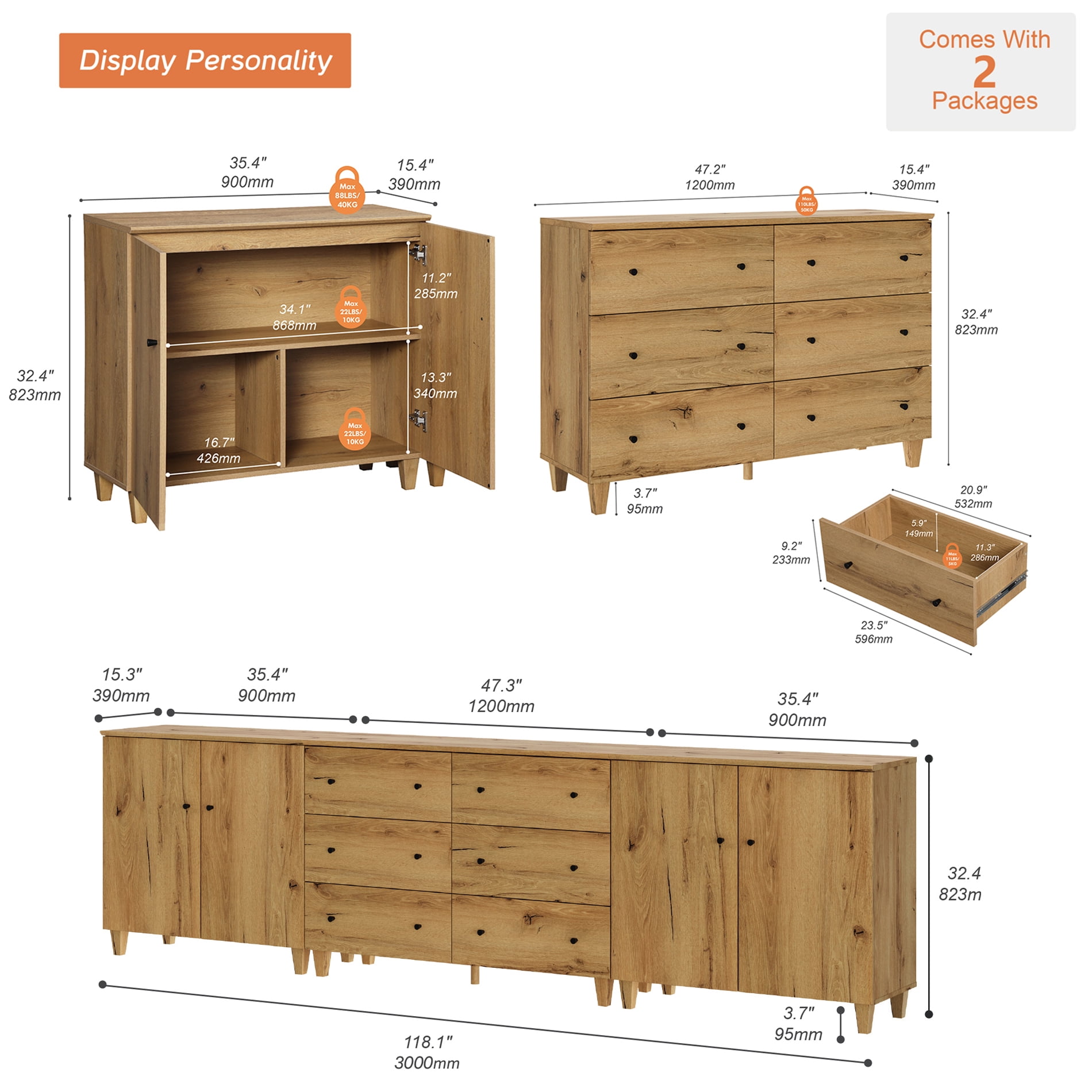 WAMPAT Modern Bedroom Furniture Set, Wooden Queen Size Canopy Bed Frame, 3-in-1 Spacious Dresser with 2 Storage Cabinets and 6 Drawers, Oak Brown