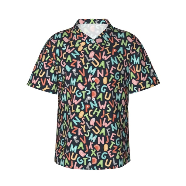 Balery Alphabet Camisas hawaianas de manga corta para hombre, camisas playeras de corte holgado, camisas de vacaciones con botones,XX-Large