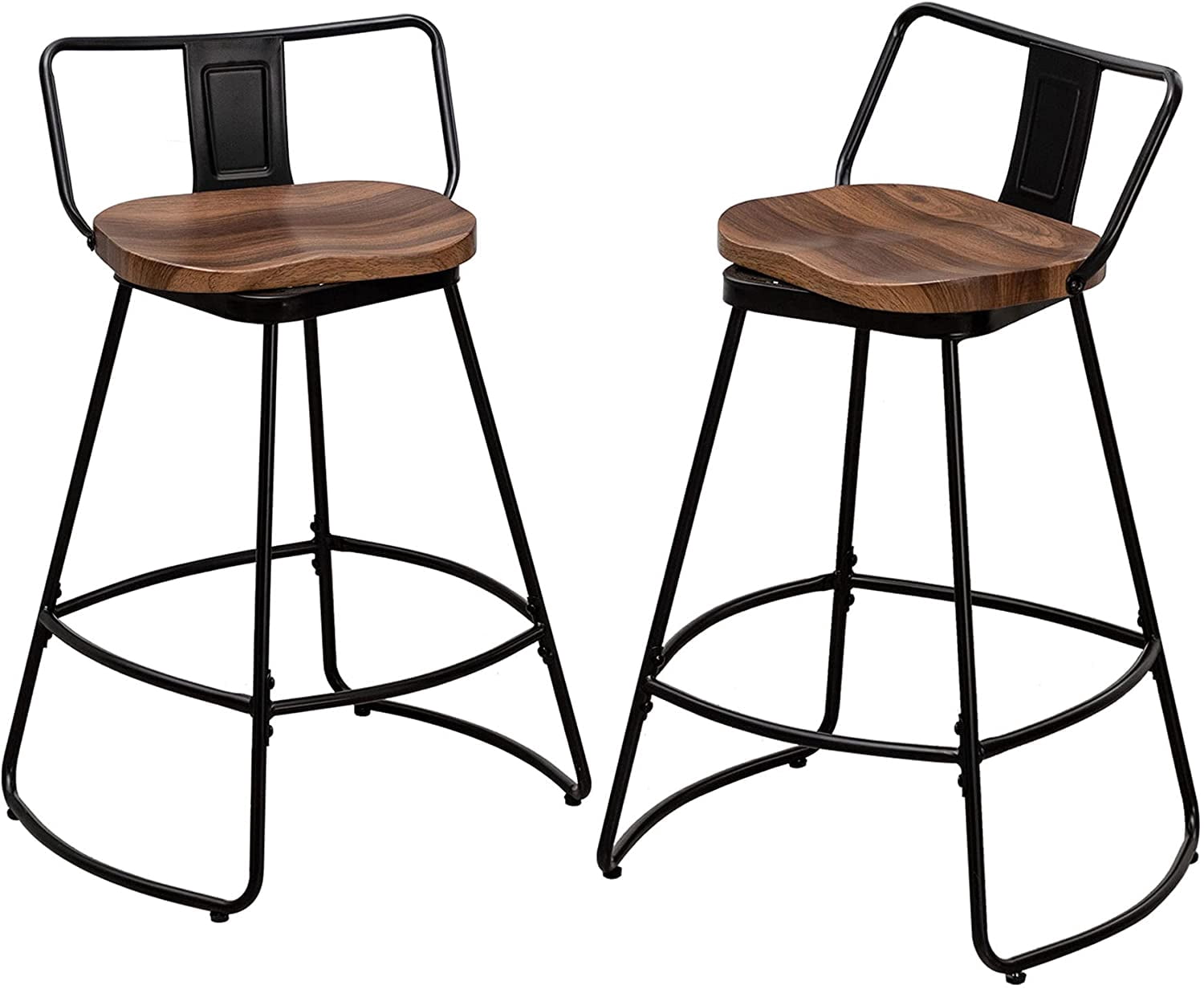 Andeworld 24" Swivel Metal Bar Stools with Backs Set of 2 Industrial Kitchen Dining Bar Chairs with Wood Seat Matte Black