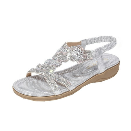 CHOII 50% Clearance Women s Rhinestone Wedge Platform Sandals Women Fashion Large Size Casual Sandals Beach Shoes Women Sandals Thong Sandals Ankle Strap Sandals Comfort Sandals Silver/8.5