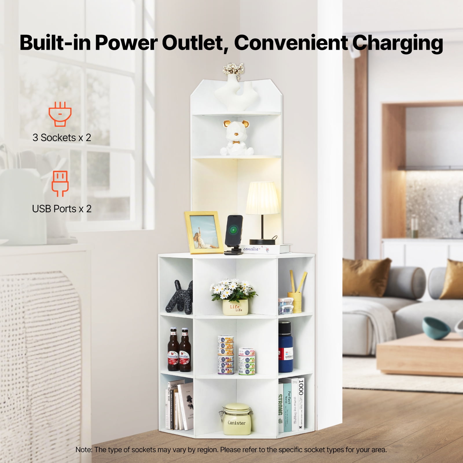 KFFKFF 64" Height Corner Utility Cabinet, 6 Layer Wood Storage Cabinet with USB Connectivity and Power Outlets & Flexible Shelves, Independent Corner Unit for Living Area, Laundry Space, White