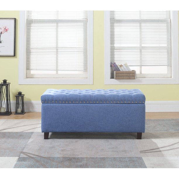 Button Tufted Storage Ottoman with Nailhead, Blue Color
