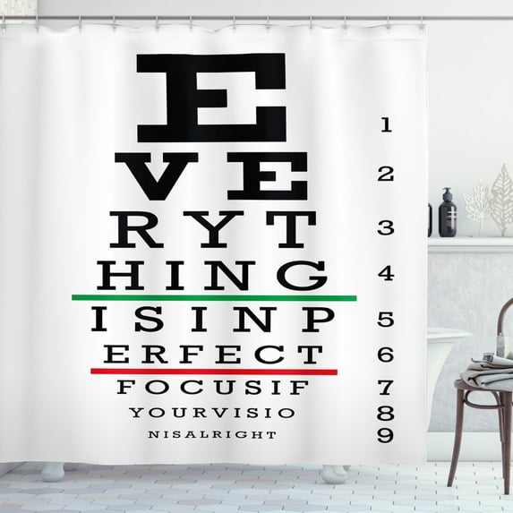 Eye Chart Shower Curtain, Everything is in Perfect Focus if Your Vision is Right, Fabric Bathroom Set with Hooks, 69W X 75L Inches Long, Charcoal Grey Dark Pink Fern Green, by Ambesonne