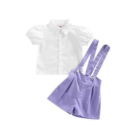 

xkwyshop Toddler Baby Girl 2Pcs Puff Short Sleeve Button-Down Shirt Tops+Overall Romper Strap Shorts Outfits Set Purple