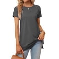 thumbnail image 4 of Women's Round Neck Solid Color T-Shirt Side Slit Casual Short-Sleeved Summer Sports Tunic Top, 4 of 6