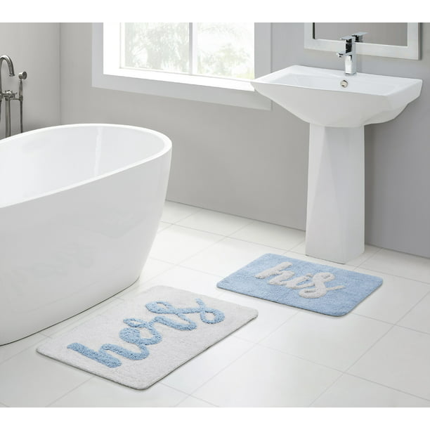 VCNY Home His and Hers Shag Cotton Bath Rug Set, 17 x 24, White/Blue