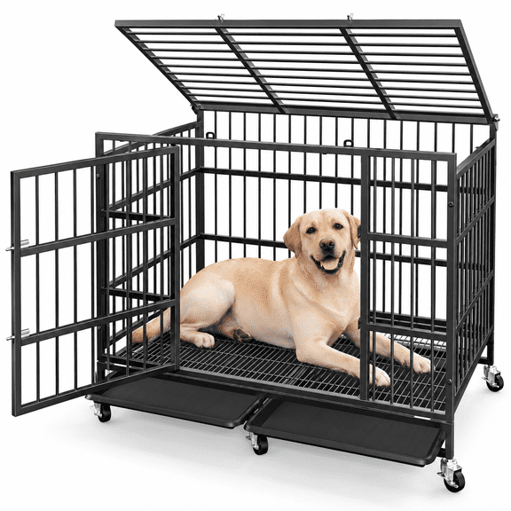 Powools Large Heavy Duty Dog Crate for High Anxiety Dogs, Double Door Dog Kennel with 6 Locking Caster Wheels, Secure Latches, Removable Tray, 41.5" x 26.2" x 30.5"