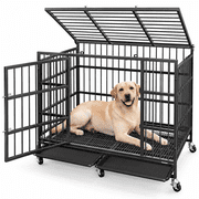 Powools Large Heavy Duty Dog Crate for High Anxiety Dogs, Double Door Dog Kennel with 6 Locking Caster Wheels, Secure Latches, Removable Tray, 41.5" x 26.2" x 30.5"