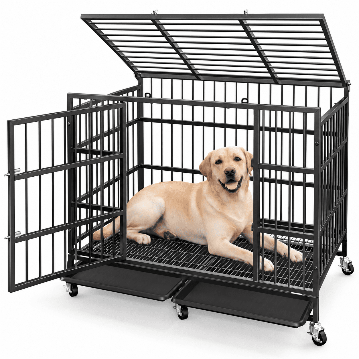 Powools Large Heavy Duty Dog Crate for High Anxiety Dogs, Double Door Dog Kennel with 6 Locking Caster Wheels, Secure Latches, Removable Tray, 41.5" x 26.2" x 30.5"