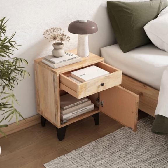Solid Wood Nightstand for Bedroom, Casual Contemporary Mango Wood End Table with 1 Drawer, Natural Finish, Small Space Storage Solution, Handcrafted Accent Furniture for Living Room or Entryway