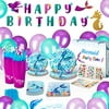 Mermaid Birthday Party Supplies and Decorations Kit - Paper Plates, Tattoos, Napkins, BPA Free Cups, Table Cloth, Happy Birthday Banner, Balloons, Straws, Cutlery + Bag - Girls Party Favors-Serves 16
