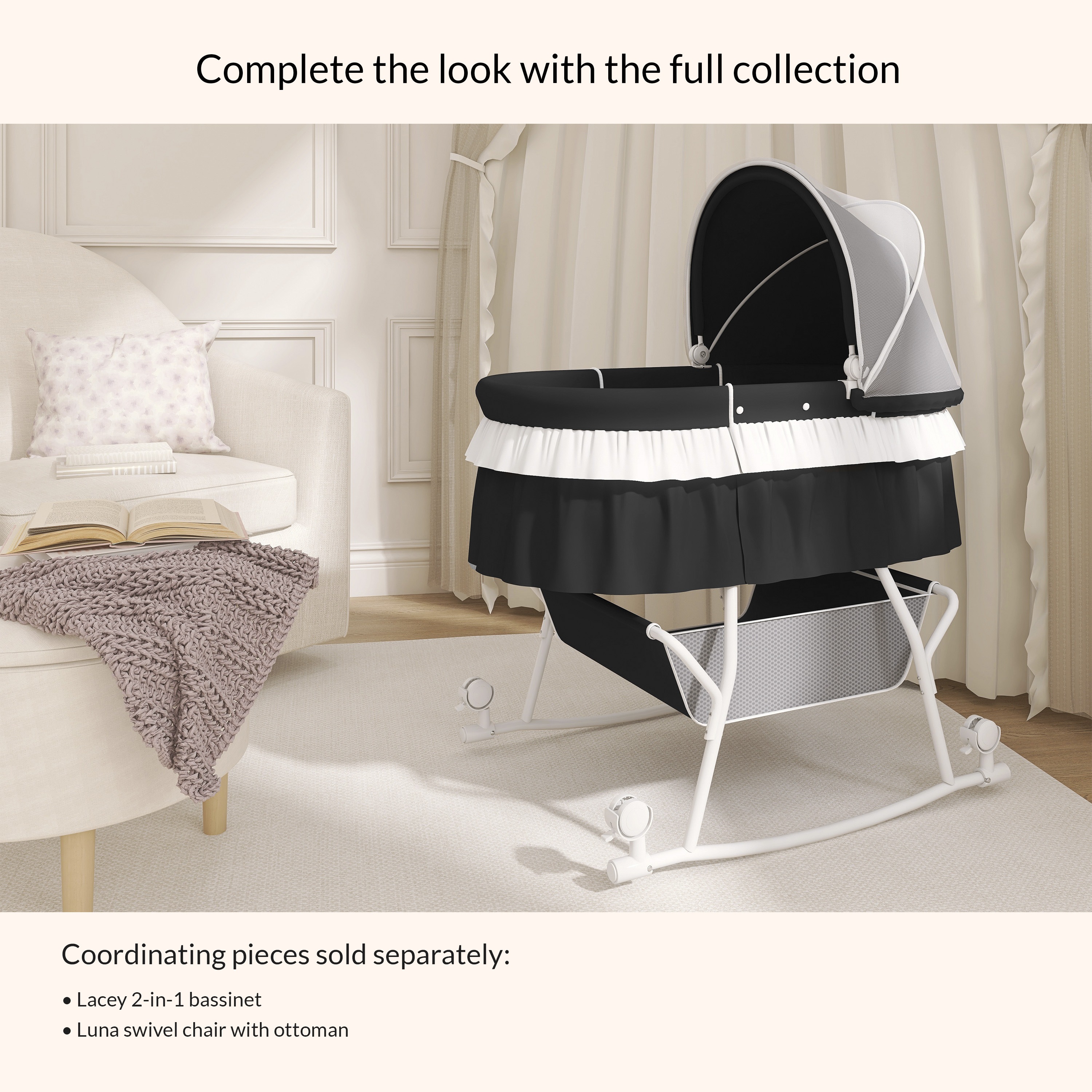Dream On Me Lacy Portable 2-in-1 Bassinet & Cradle in Black, Lightweight Baby Bassinet