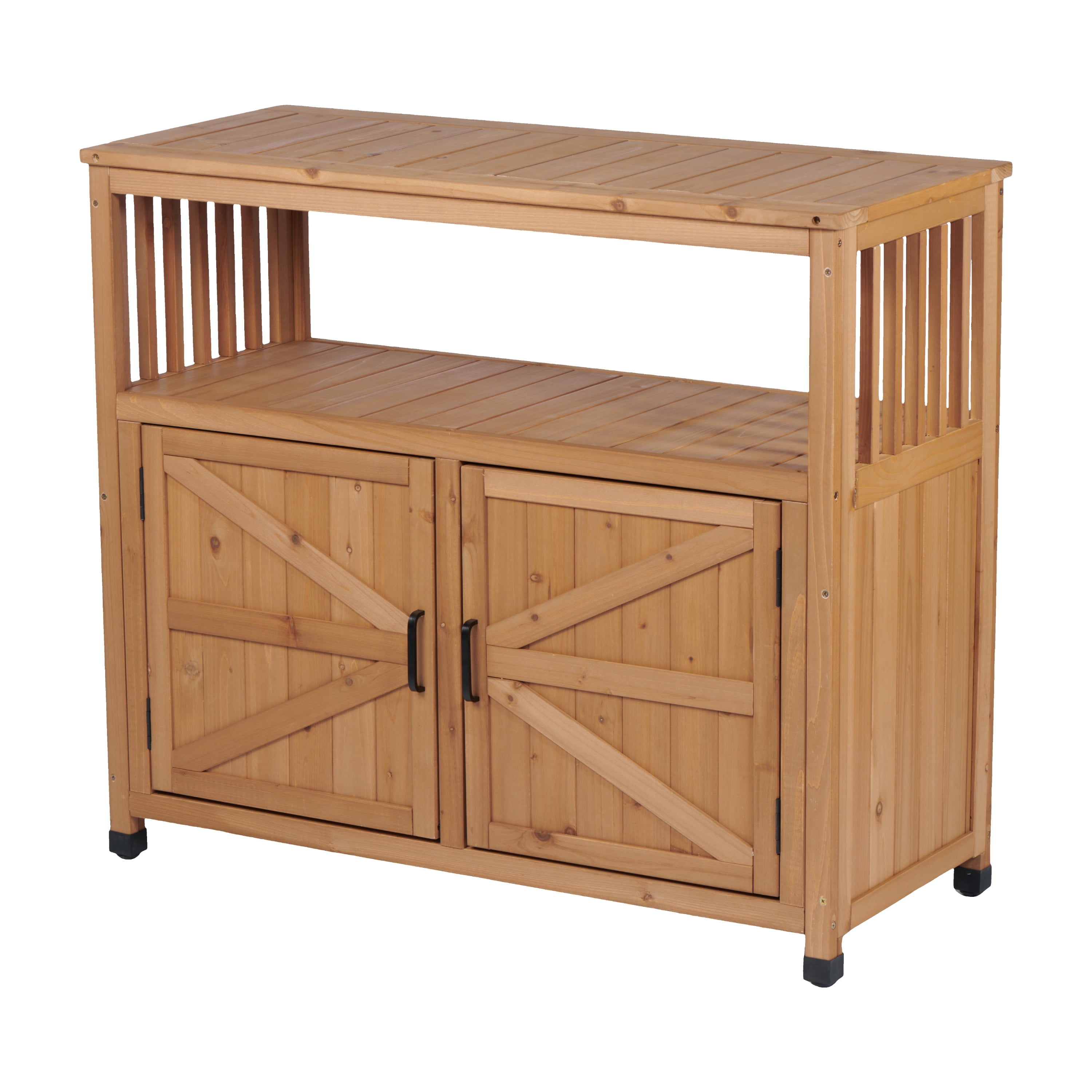 Wooden Patio Bar Table with Storage Cabinet, Outdoor Buffet Sideboard and Serving Station with Slatted Design, Light Brown