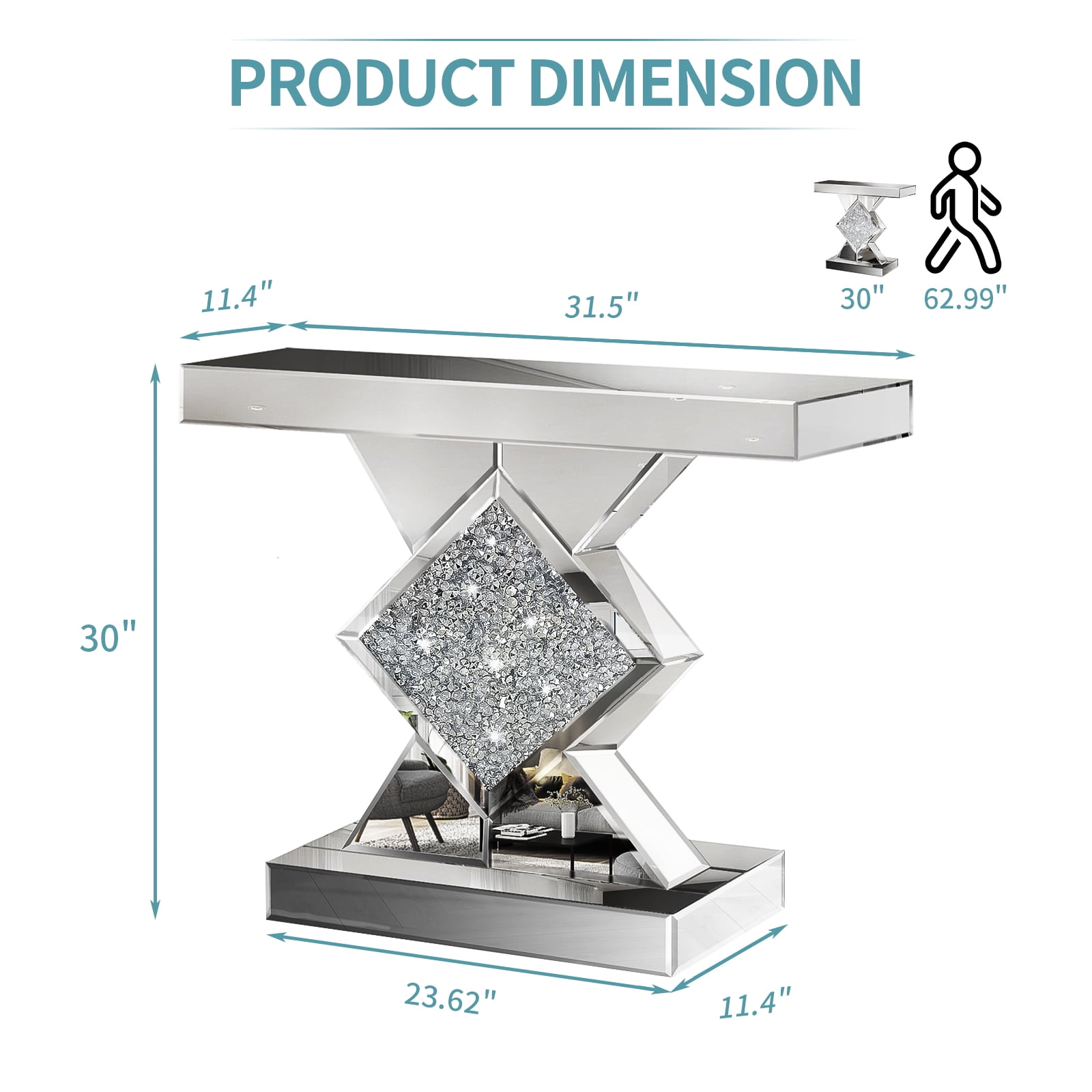 Mirrored Console Table with Crushed Diamond Inlay, 31.5'' Long Silver Accent Narrow Table Entryway Table, Diamond Shaped, for Living Room Hallway Entrance Foyer