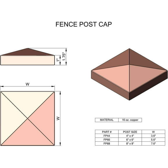 Hammered Copper Fence Post Cap Post Size: 6"x6"