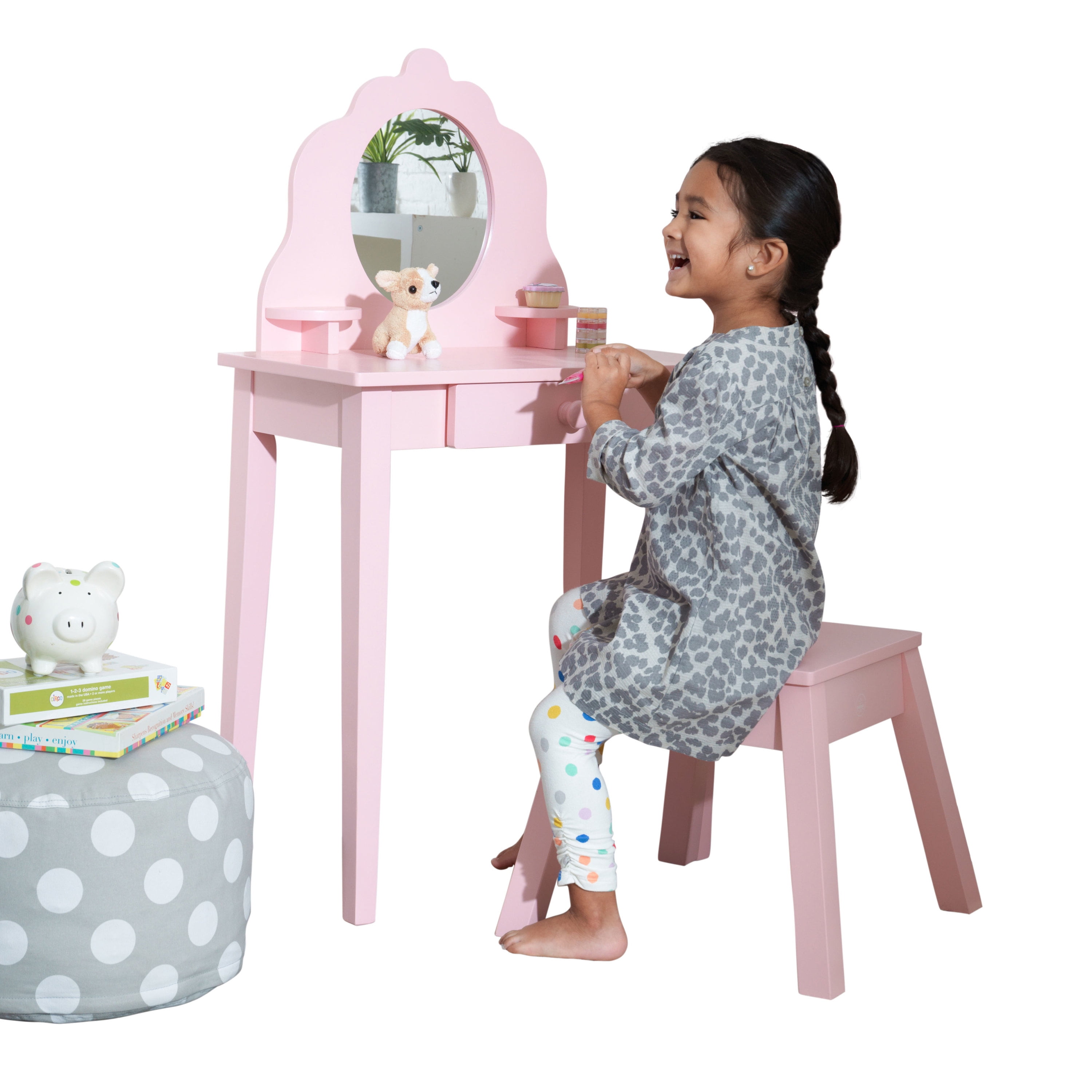 KidKraft Medium Wooden Bedroom Vanity & Stool Pink