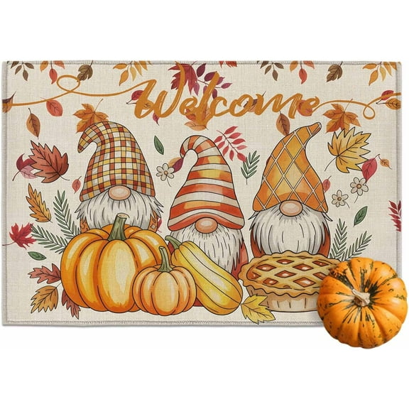 Fall Door Mat Indoor Entrance Gnome Pumpkin Floor Mat Thanksgiving Welcome Matt Outdoor Rugs Non-Slip Absorbent Maple Leaf Mushroom Doormat for Bathroom Kitchen Front Door 24x16 Inch