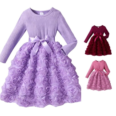 Elegant Girls Solid Color Dress with Rose Pattern Floral Design for and Daily Wear Long Sleeve Dress Girls Size 12 4-5 Years