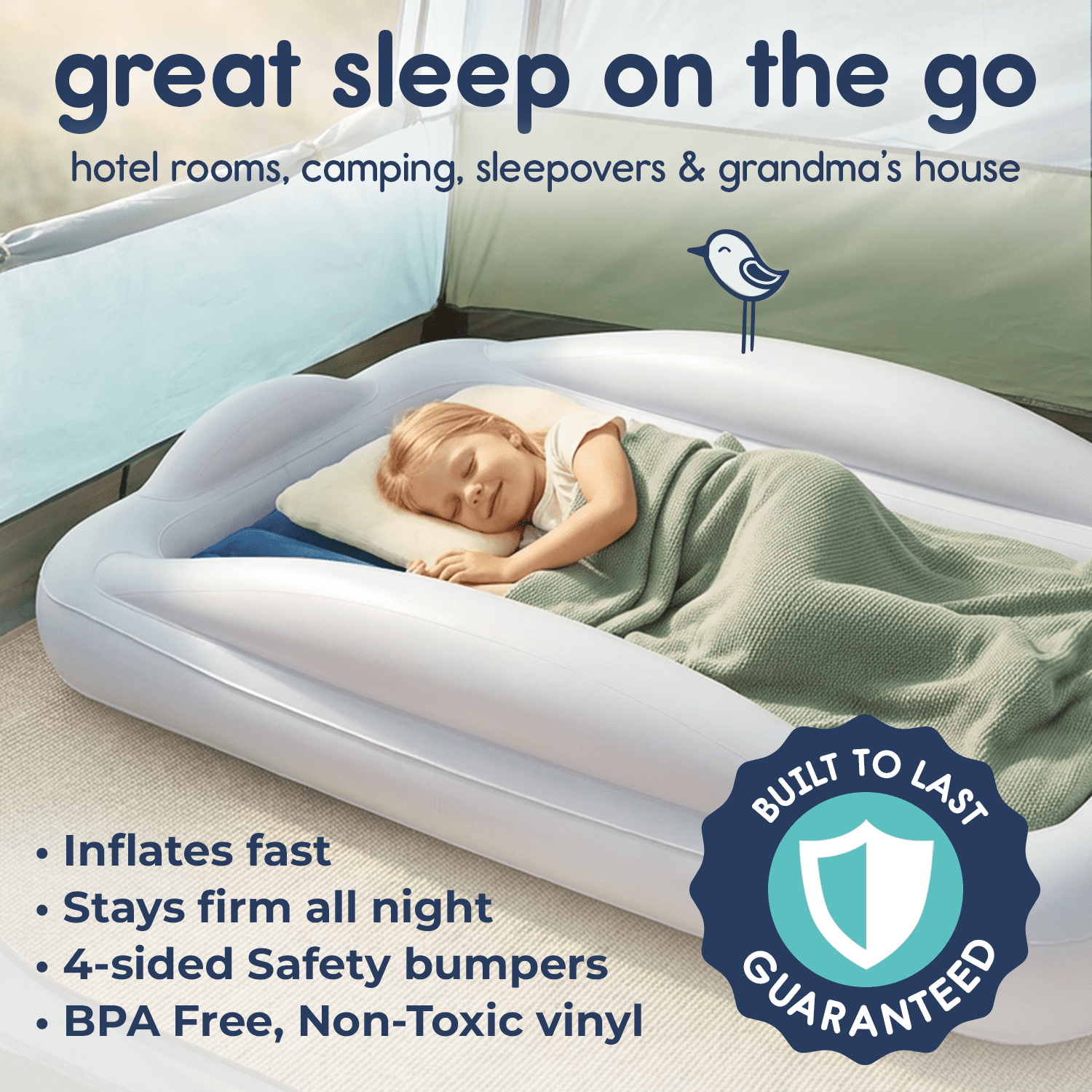 Hiccapop Inflatable Toddler Travel Bed with Safety Bumpers, 4-Sided Portable Toddler Bed for Kids, Toddler Air Mattress, Kids Air Mattress, Navy Blue