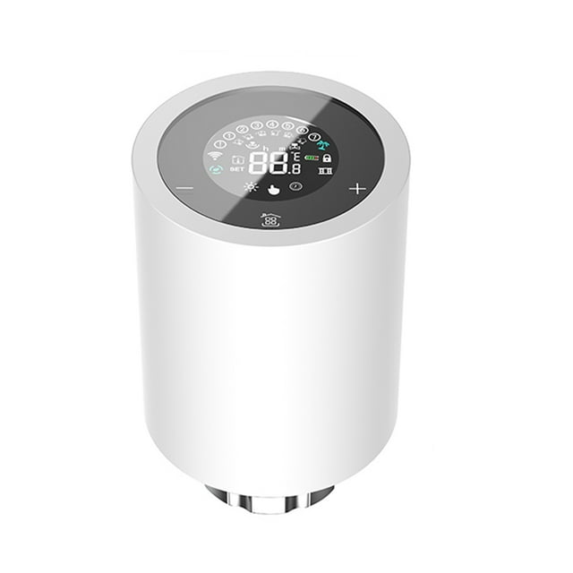 Smart LCD Thermostatic Radiator Valve in White with Child Safety Lock – No Batteries Included, Adjustable Temperature Range 5-45℃, Touch Control, IP20 Protection