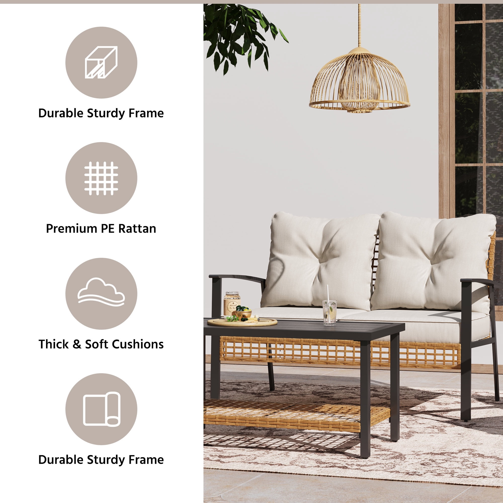 LAUSAINT HOME 2 Pieces Patio Conversation Set, 1 Loveseat and 1 Coffee Table with Beige Cushions