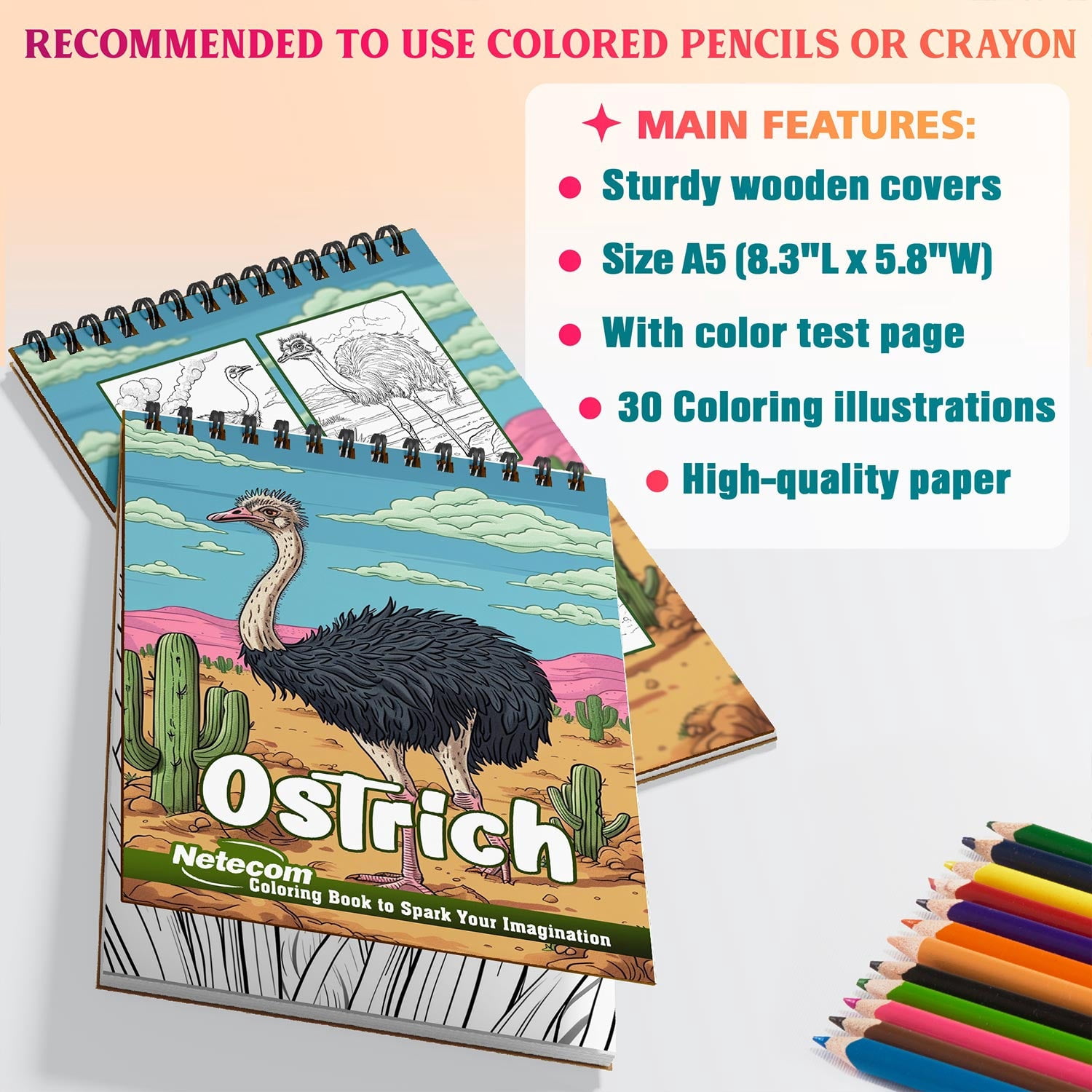 Netecom Ostrich Coloring Book Spiral Bound for Adults, A5 Wooden Cover, 30 Amazing Coloring Pages of Ostriches for Stress Relief and Relaxation