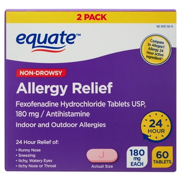 Equate Fexofenadine Hydrochloride USP Non-Drowsy Allergy Relief Tablets, 180 mg, Twin Pack 60 Tablets, Compare to Allegra® Allergy 24 Hour Active Ingredient