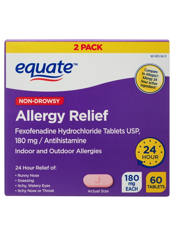 Equate Non-Drowsy Allergy Relief Tablets, 60 Tablets, 2 Count