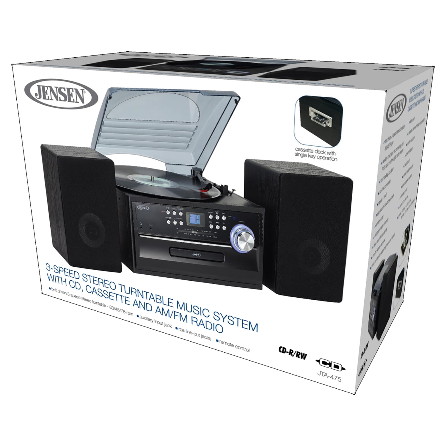 JENSEN 6-Watt-RMS 3-Speed Belt-Drive Manual Turntable with Detached Stereo Speakers, Pitch Control, CD/Cassette/AM/FM/Aux, Remote, JTA-475