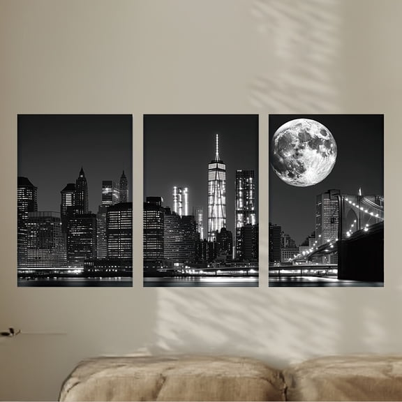 []3pcs/set, Canvas painting--Unframed, Modern black and white New York skyline, Posters and prints, living room, office, library, bar, cafe, abstract art, perfect birthday, holiday gift, Easter egg,