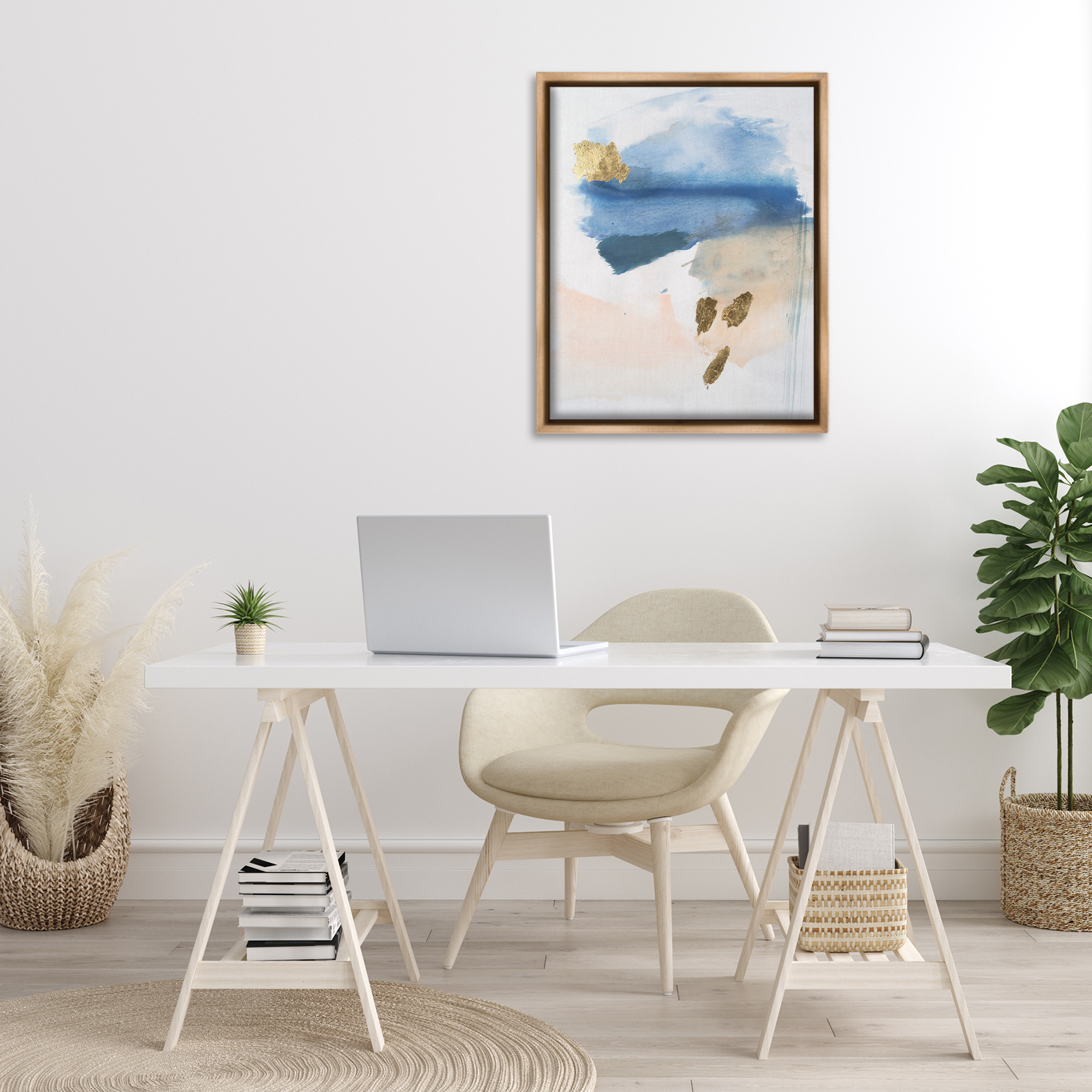 Stupell Industries Blue & Blush Ombre Abstract Painting Brown Floater Framed Canvas Art Print Wall Art, 25 x 31