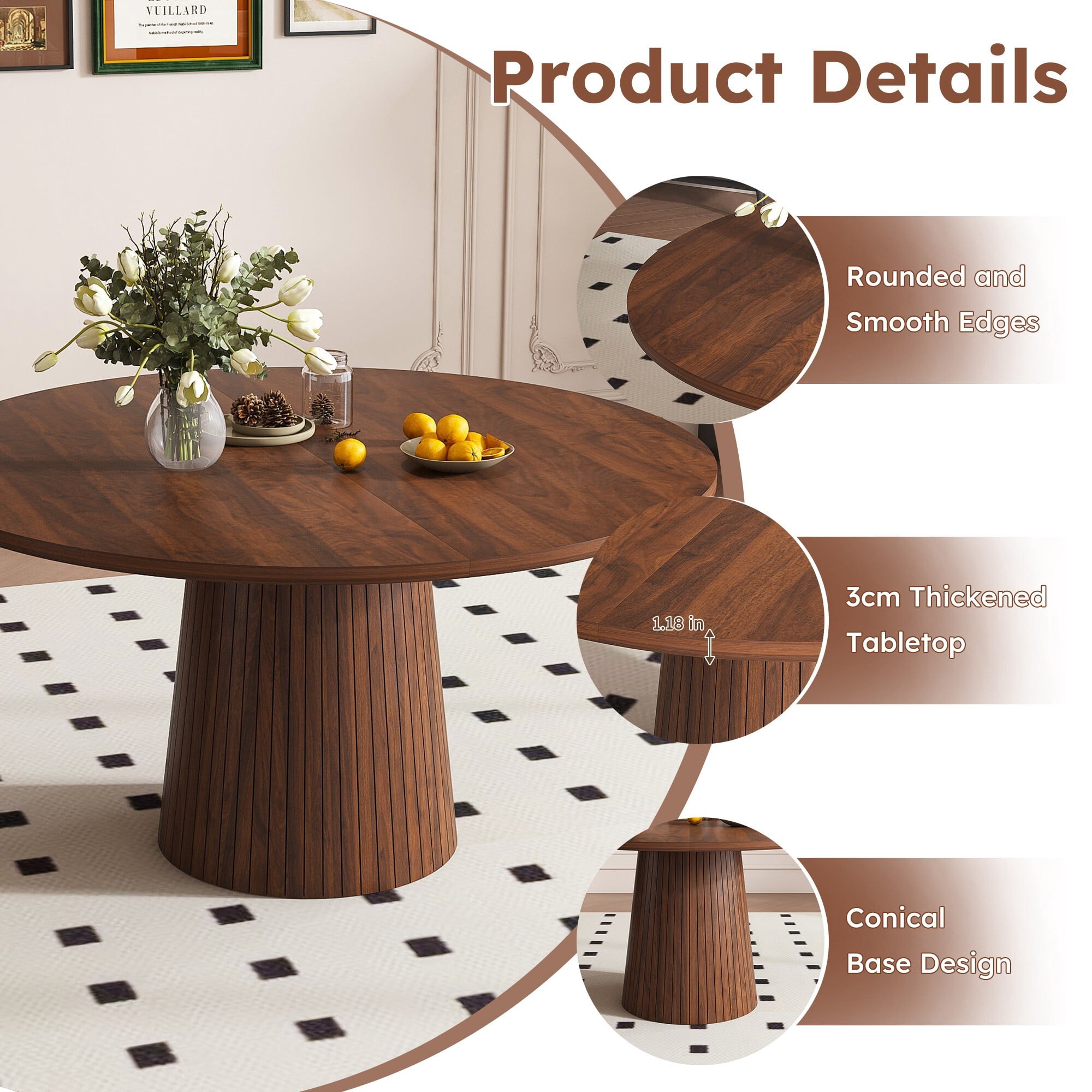 AENKYO 47" Round Dining Table for 4, Modern Farmhouse Pedestal Kitchen Table with Wood Strip Base, Walnut Finish